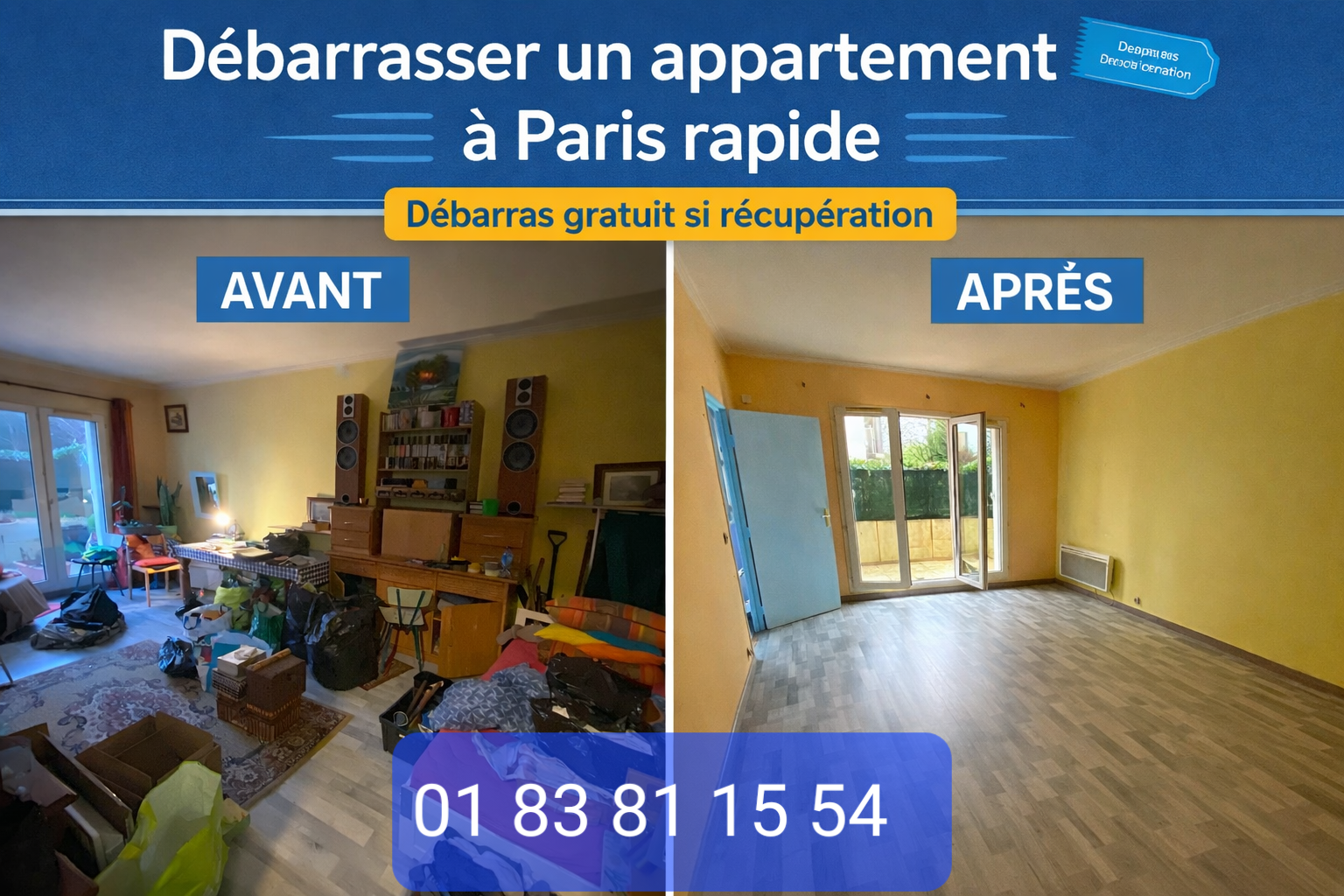un appartement rempli d’objets, cartons et meubles, entièrement débarrassé pour laisser un espace vide, prêt à être vendu, loué ou rénové. Nous intervenons rapidement sur Paris et toute l’Île-de-France, avec : Débarras complet maison et appartement Tri, recyclage et valorisation des objets Intervention après succession ou déménagement Nettoyage après débarras 👉 Devis débarras gratuit sous 24h