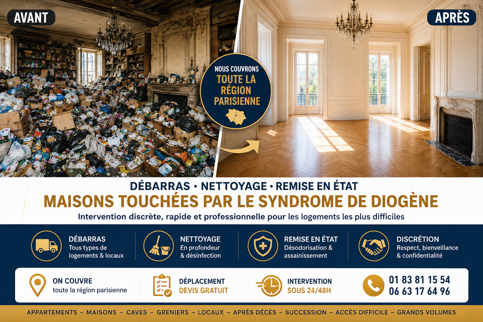 Avant et après débarras complet d'un logement très encombré nécessitant tri, évacuation et nettoyage à Paris